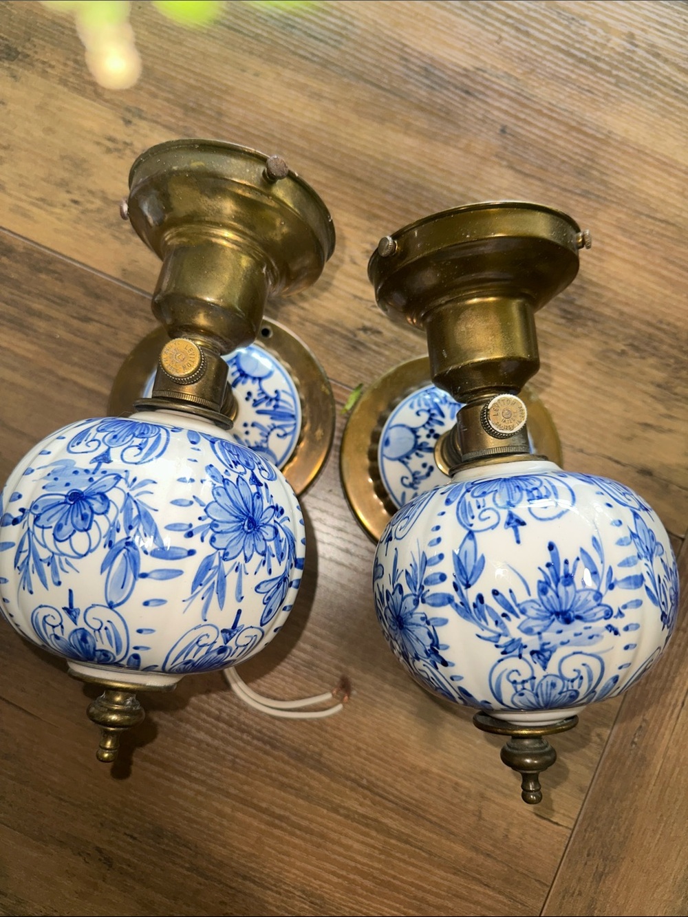 Vintagr Blue and White Floral Porcelain Wall Sconce Pair -